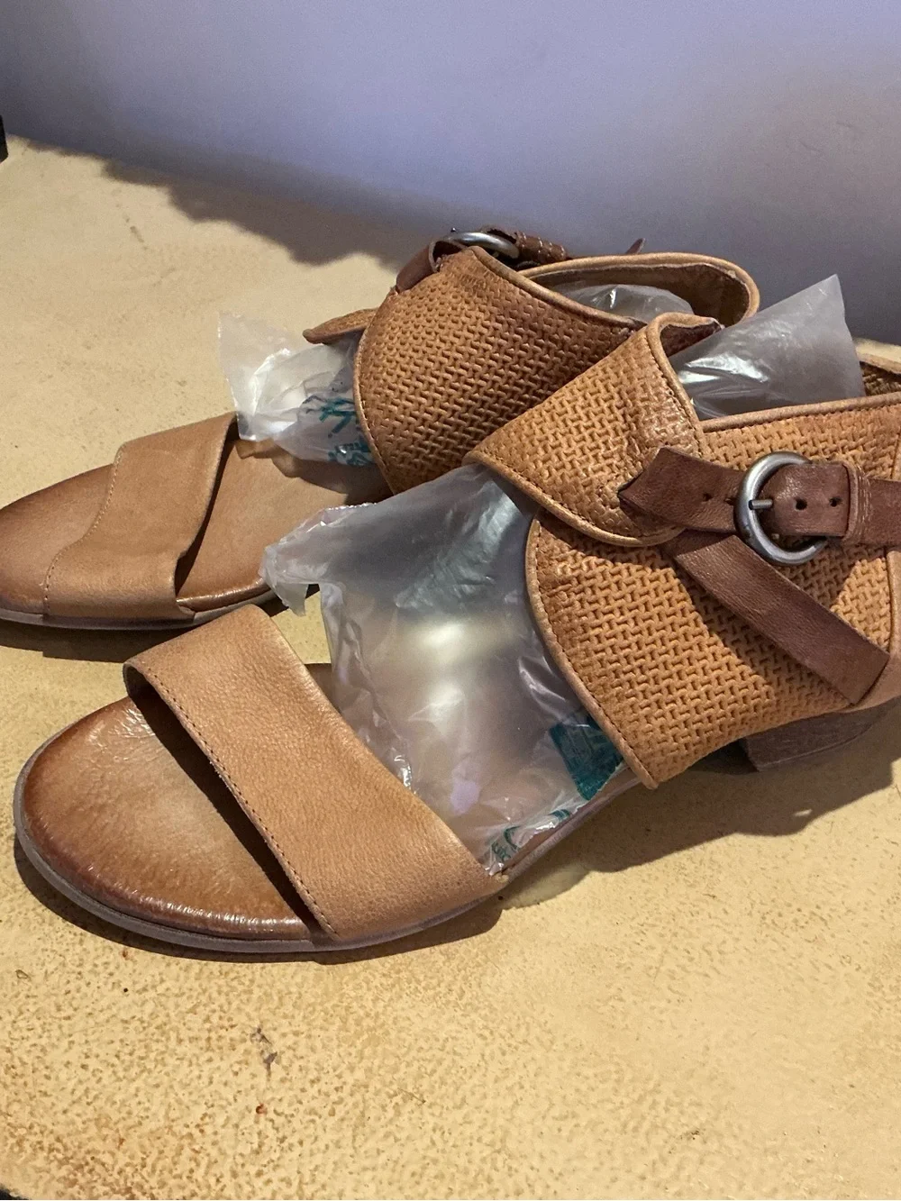Miz Mooz Tan Woven Leather Ankle Strap Sandals